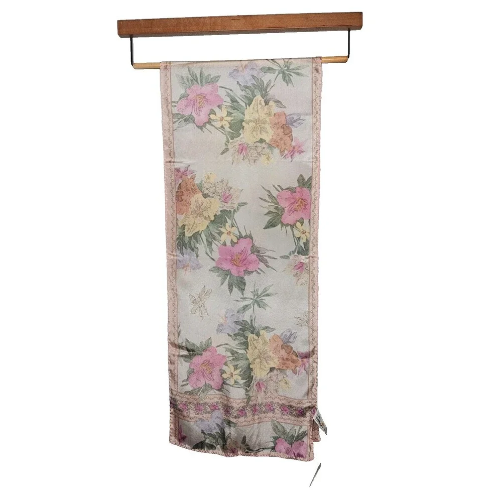 Vtg Liz Claiborne Silk Scarf Floral Rectangular 10x50 Made in Japan Cottagecore